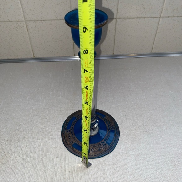 Vintage Blue & Clear Glass Candlestick Bronze Color Etching  display picture 1